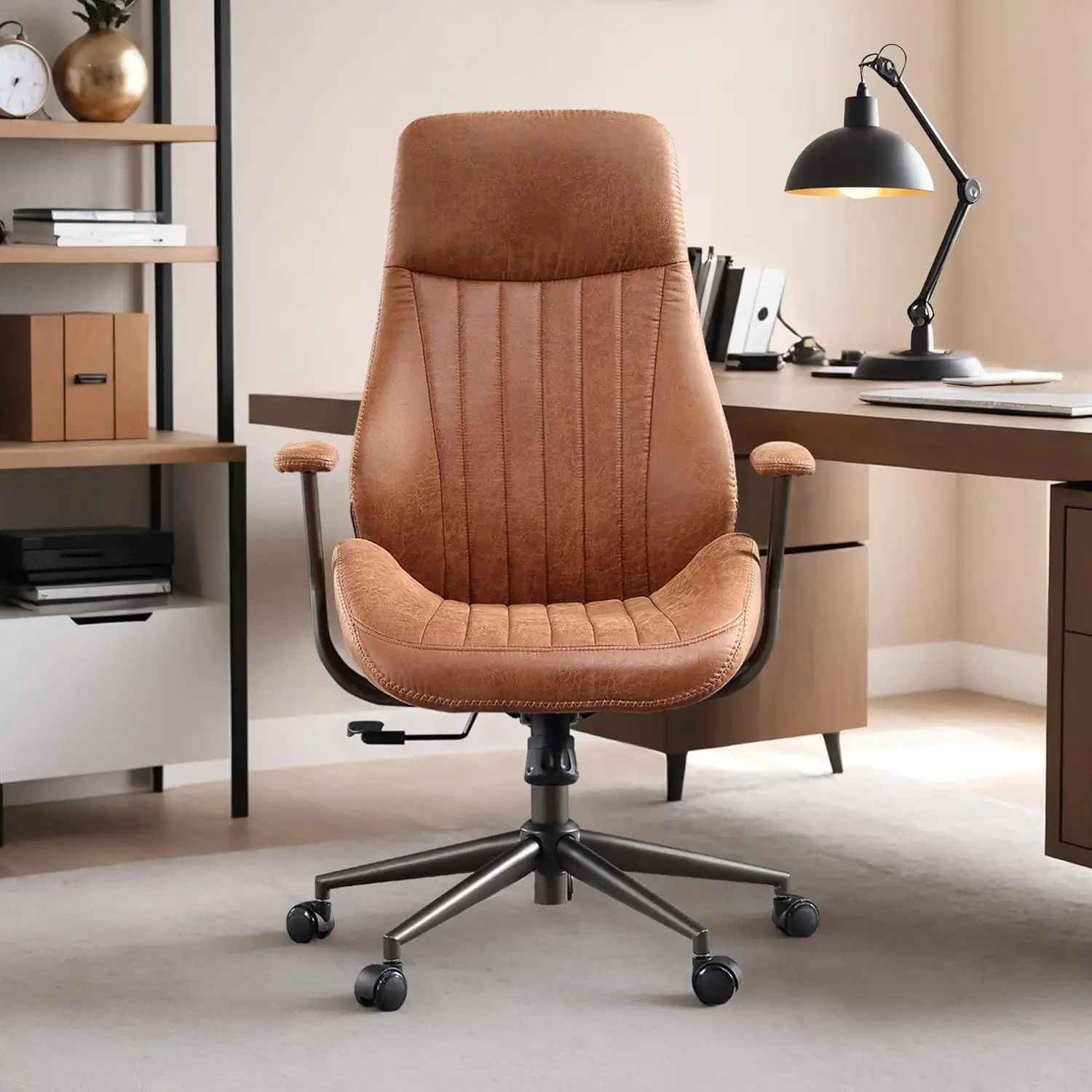 Century Modren Office Chair - Leather Brown Executive Chairs Ergonomic High Back with Lumbar Support, Swivel Computer Desk Task