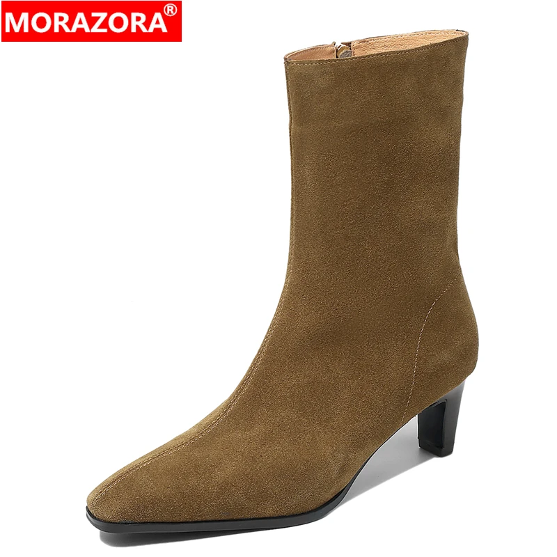 

ASUMER INS Fashion Women's Boots Cow Suede Leather Ankle Boots Zipper High Heels Boots Autumn Winter Ladies Boots