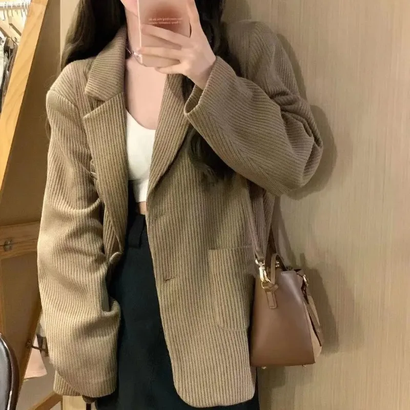 Insozkdg Autumn Winter Women's Suit Japanese Vintage Corduroy Small Jacket Loose Casual Solid Thickened Office Lady Blazer Tops