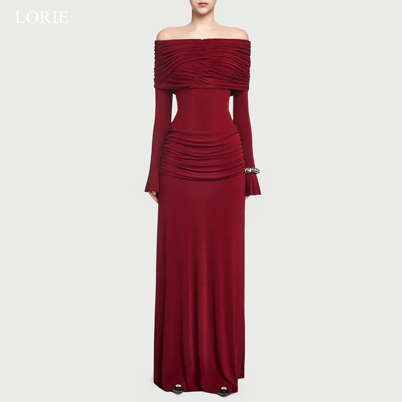 

LORIE Chic Red Evening Dresses Off The Shoulder Full Sleeves Pleats Party Dress Straight Floor-Length Prom Gowns Customized