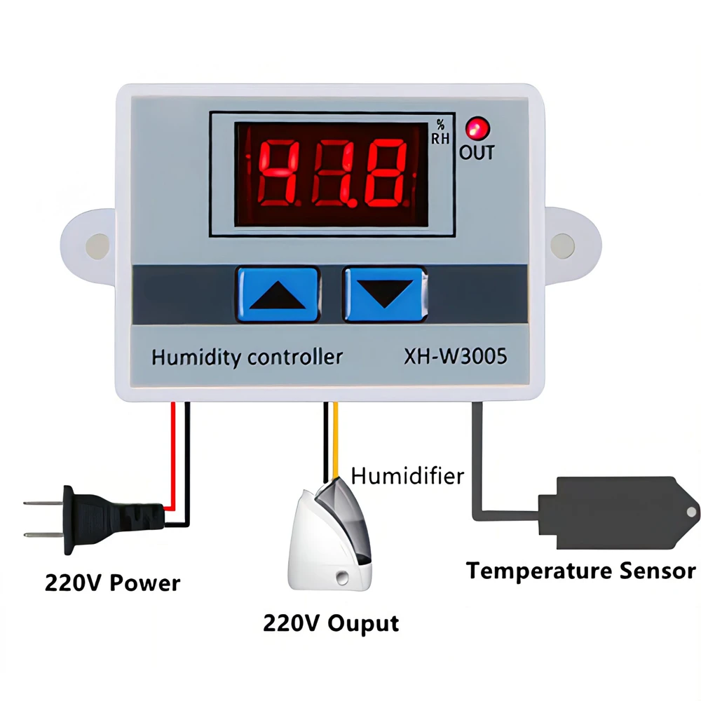 XH-W3005 DC 12V 24V AC 110-220V 10A Digital Humidity Controller Hygrometer Control Switch 0~99%RH Hygrostat With Humidity Sensor