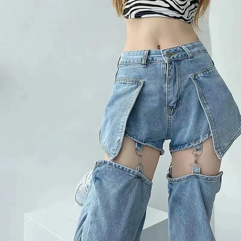 Women Detachable Split Denim Shorts Two Piece Multiway Wear Cut Out Jeans Shorts Streetwear Pants