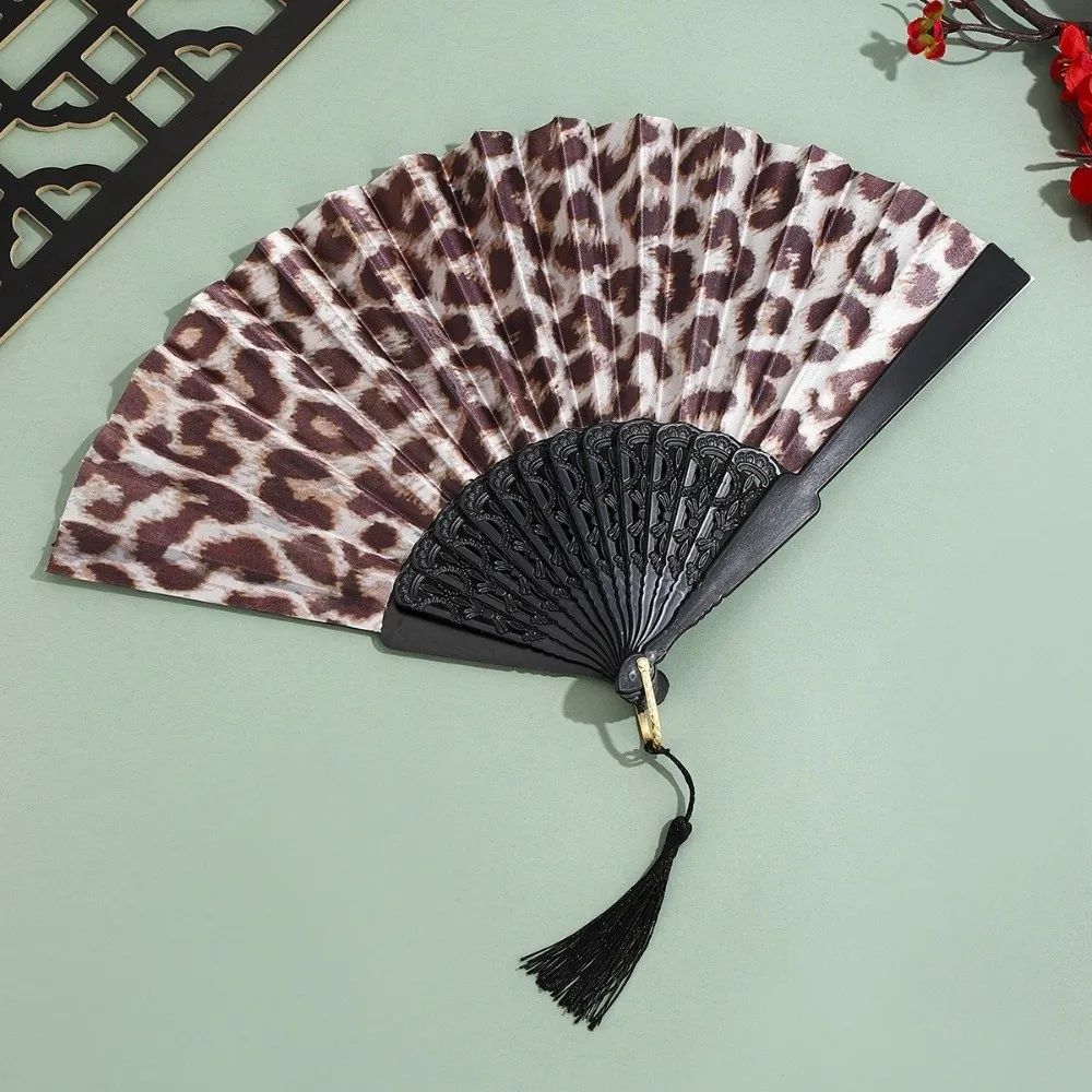 Portable Collapsible Folding Fan Decorative Handheld Leopard Print Fan Tassel Dance Fan Home Decor