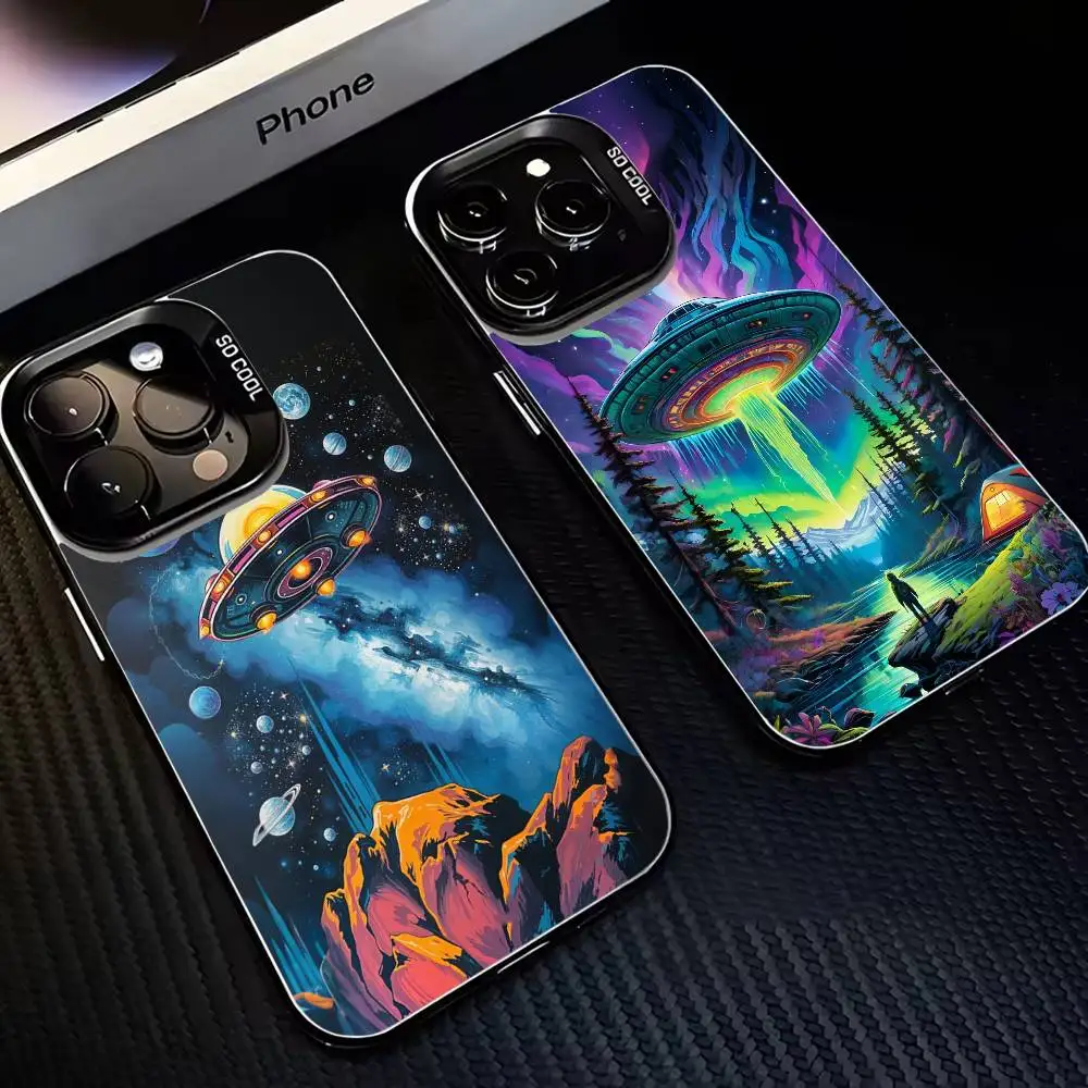 

UFO illustration Phone Case For iPhone 16,15,14,13,12,11,Mini,Pro,MAX Black Matte Shockproof Cover