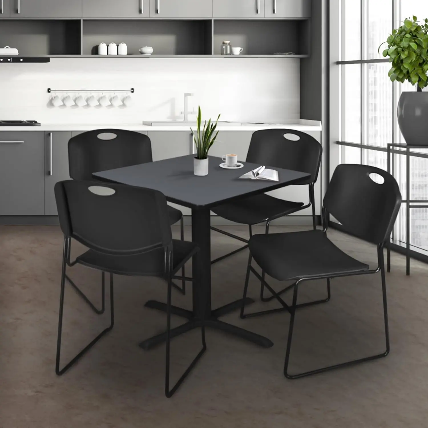 Cain 36"" Square Breakroom Table- Grey & 4 Zeng Stack Chairs- Black