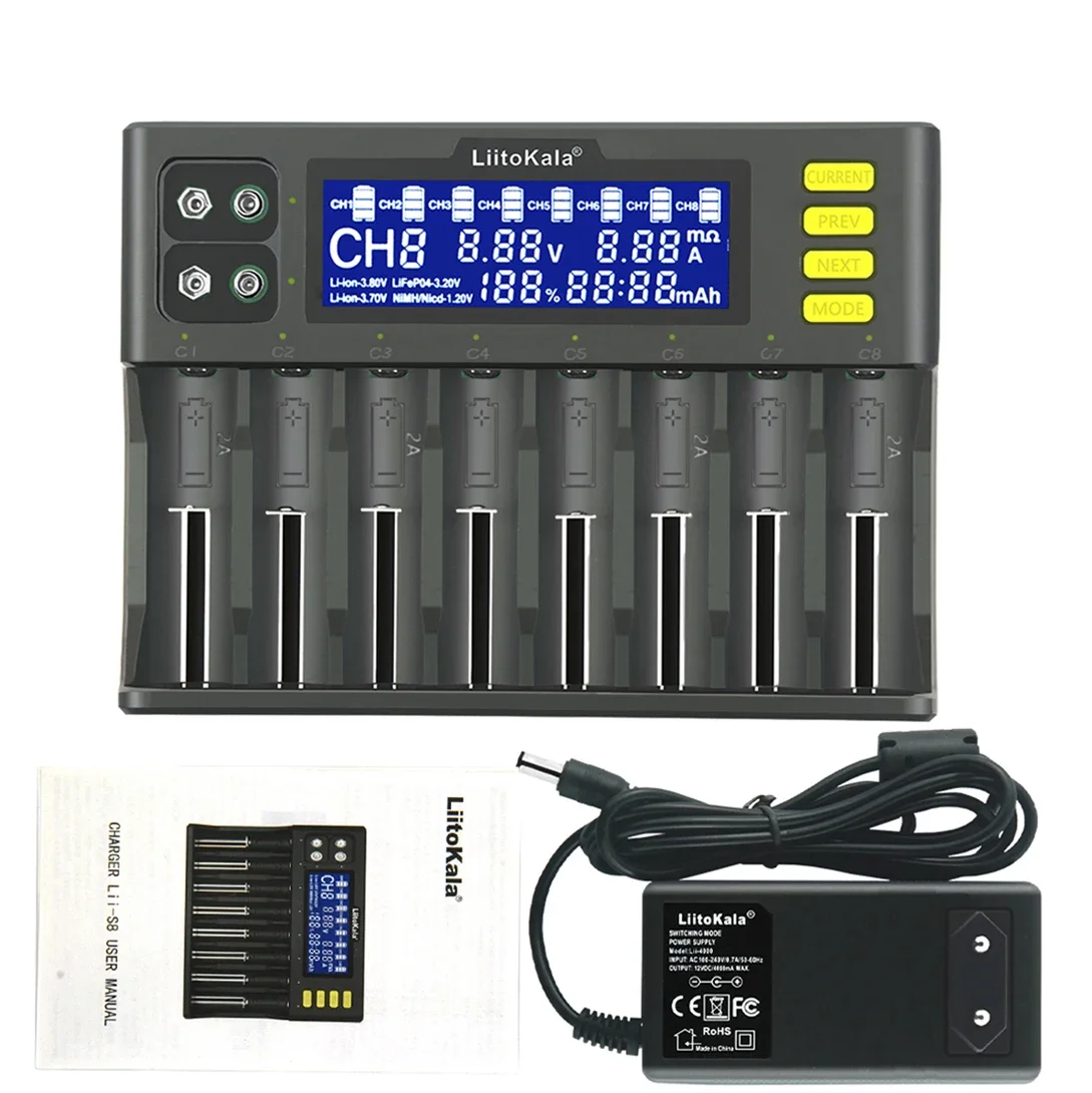 LiitoKala Lii-S8 8 Slots LCD Battery Charger for Li-ion LiFePO4 Ni-MH Ni-Cd 9V 21700 20700 26650 18650 RCR123 18700 32700