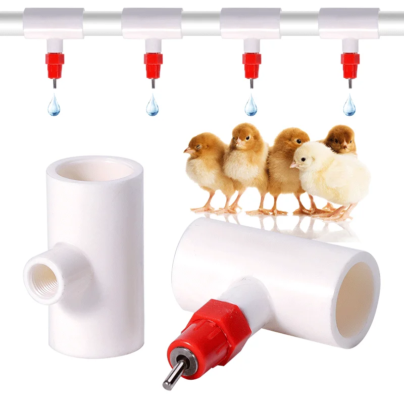 5Pcs Automatic Chicken Drinking Nipple with Connecting Pipe PVC Tee Fittings 20mm Livestock Drinking Feeder Tee Connector