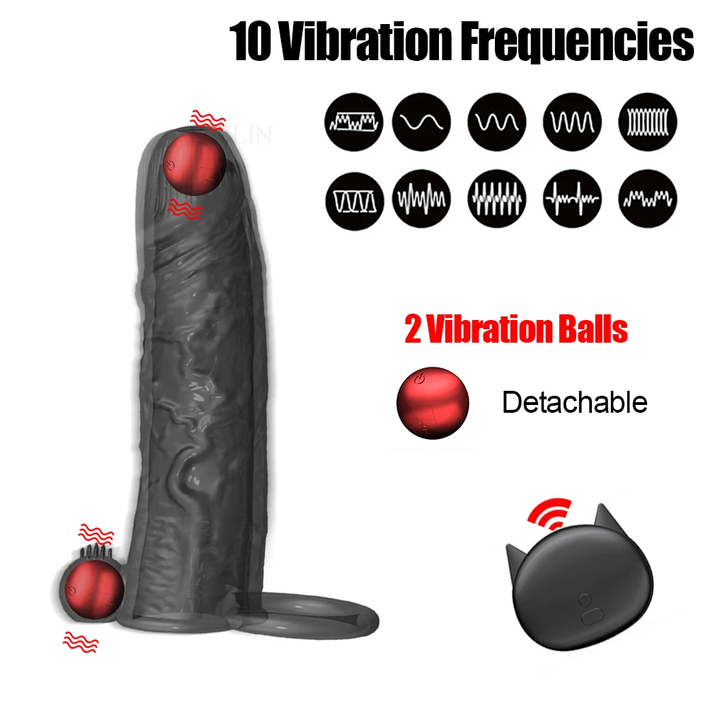 HESEKS Vibrating Penis Ring Condoms Enlargement Men Reusable Dick Condom Vibrator Penis Sleeve Sex Toys for Male Couple