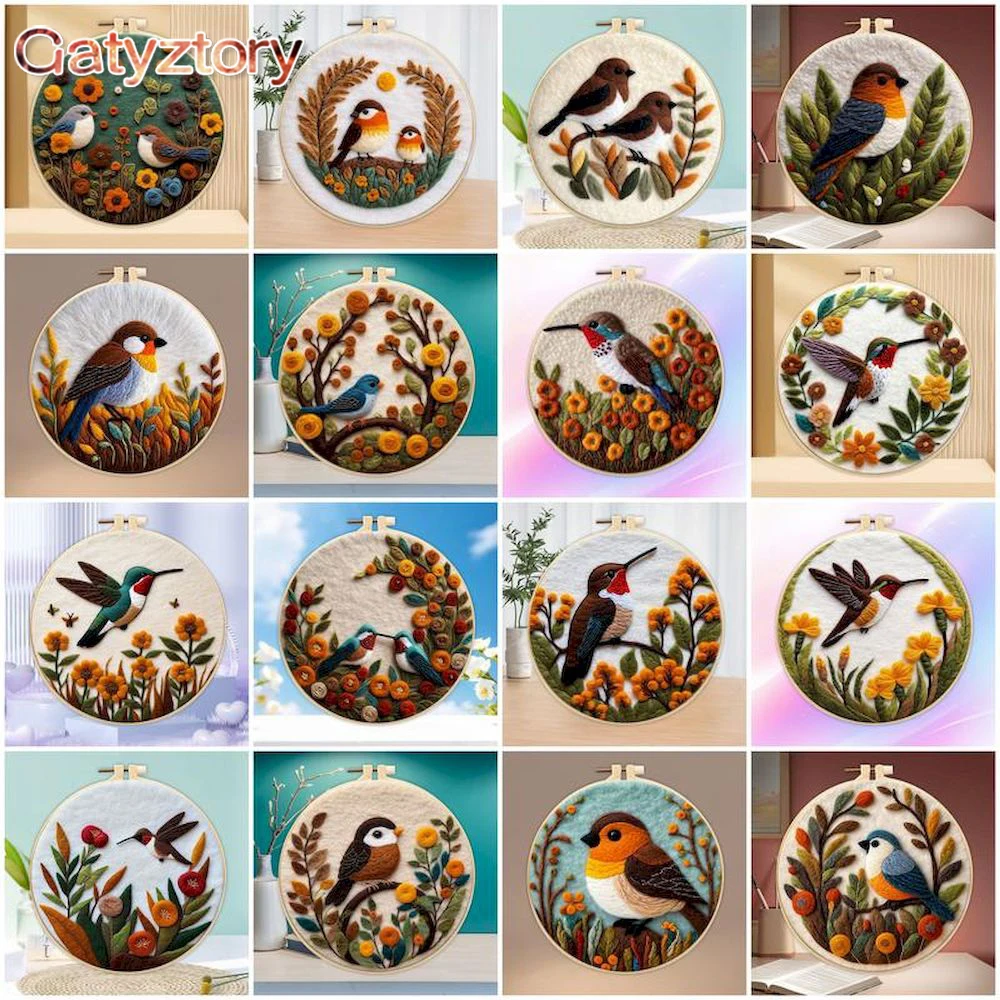 

GATYZTORY 20x20cm Frame Wool Felting Painting Needle Embroidery Kit Branch Bird Painting DIY Crafts Animal Handmade Home Decor