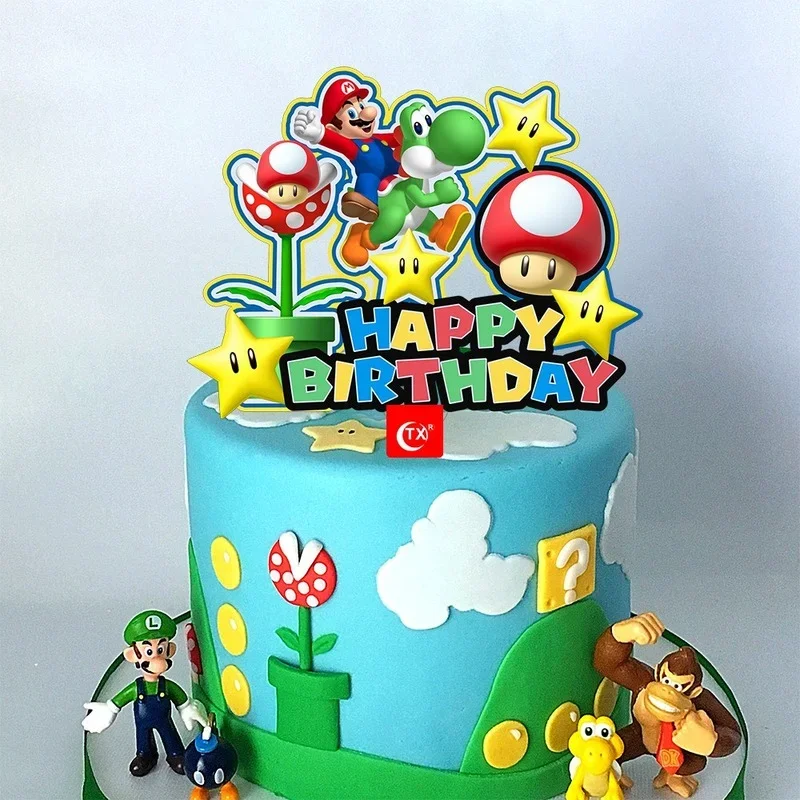 Super Mario Action Toy Figure Mario Bros Luigi Yoshi Bowser Cupcake Cake Insert for Kids Birthday Party Cake Decoration Supplies