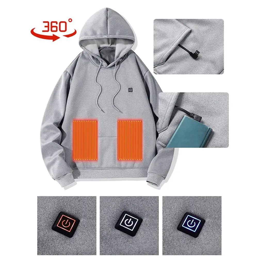 USB Heated Hoodies Lightweight Washable Electric Puffer Jackets 5 Heating Zones Keep Warm Winter Heated Sweatshirt