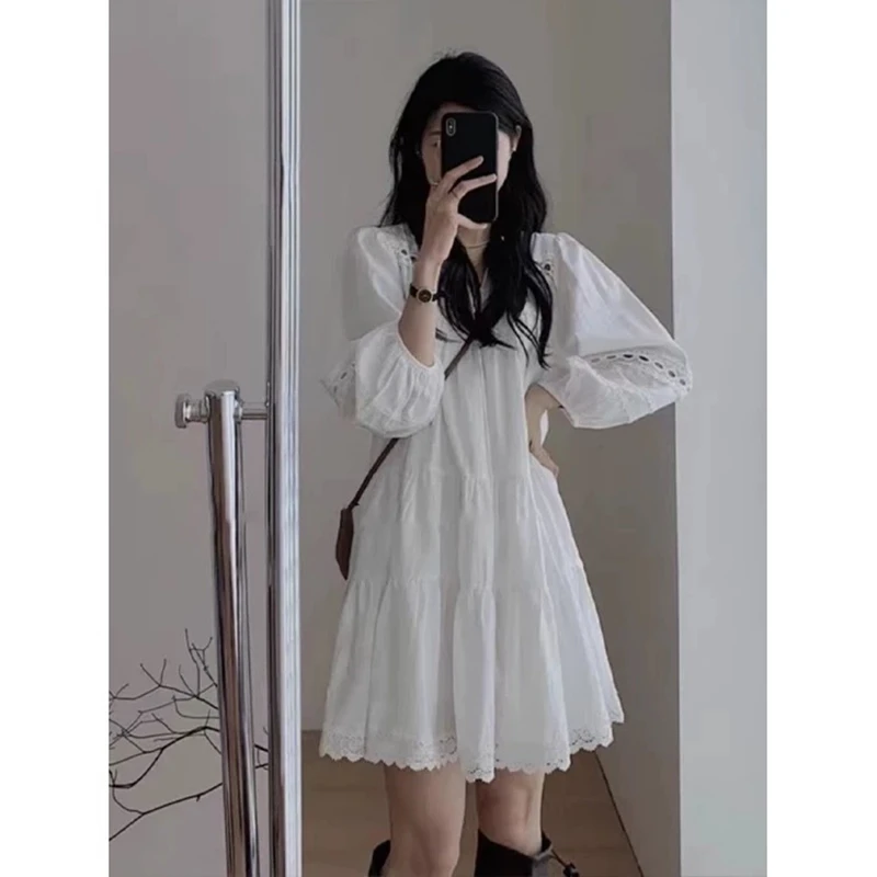 ผู้หญิงพัฟแขนเสื้อลูกไม้ Trim Boho สีขาวสุภาพสตรีฤดูร้อน A-Line ชุดเดรสสั้น Hollow OUT หวานแยก Tie-คอชุด