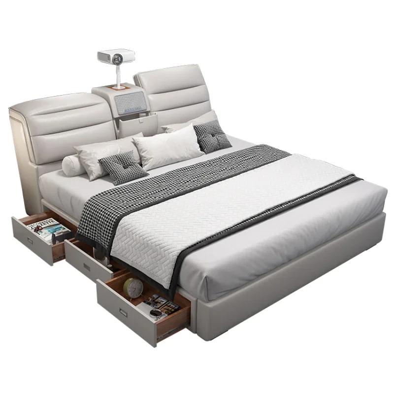 Multifonction Aesthetic Double Bed Luxury Nordic Leather White Twin Bed Frame King Wood Camas De Matrimonio Dormitorio Furniture