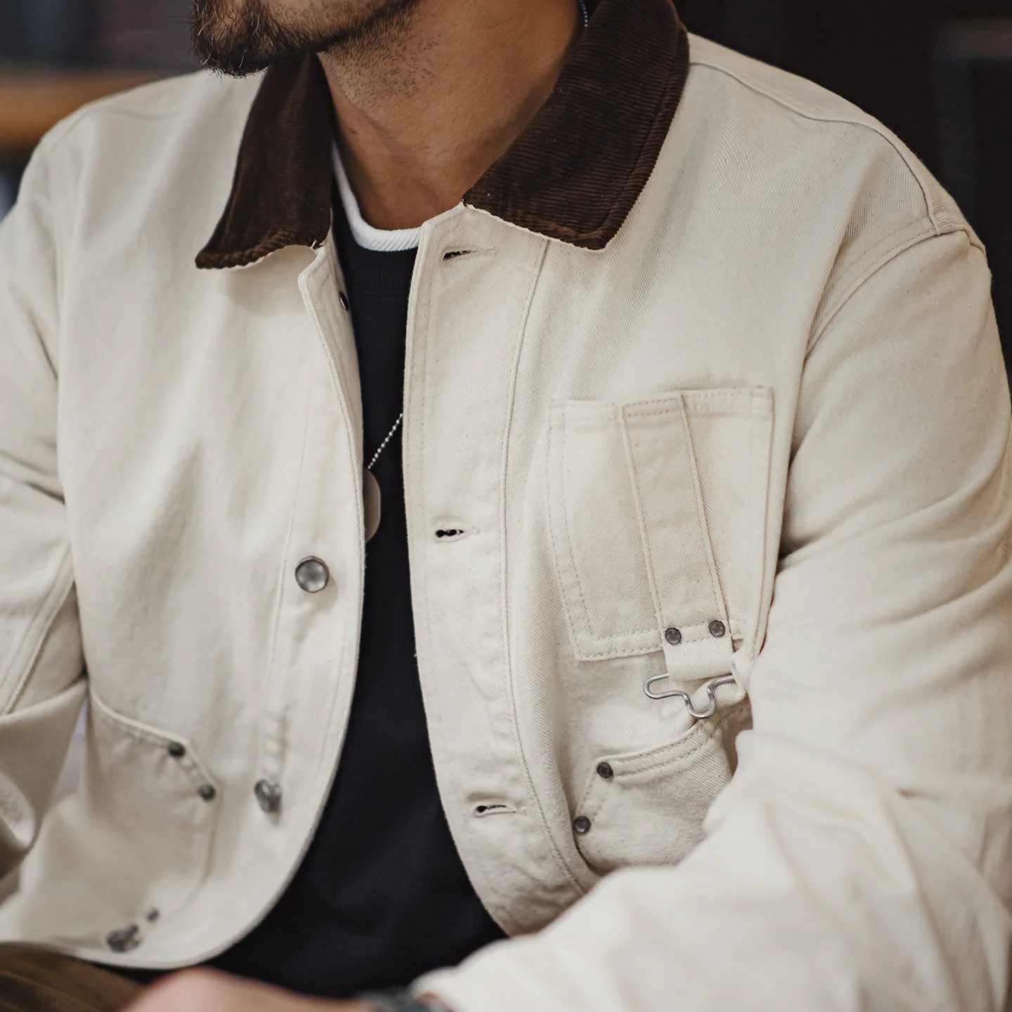 Maden Men's Retro French J22 Jacket Heavyweight White Cottonseed Shell Safari Coat Corduroy Collar Spring/Fall Hunting Outerwear