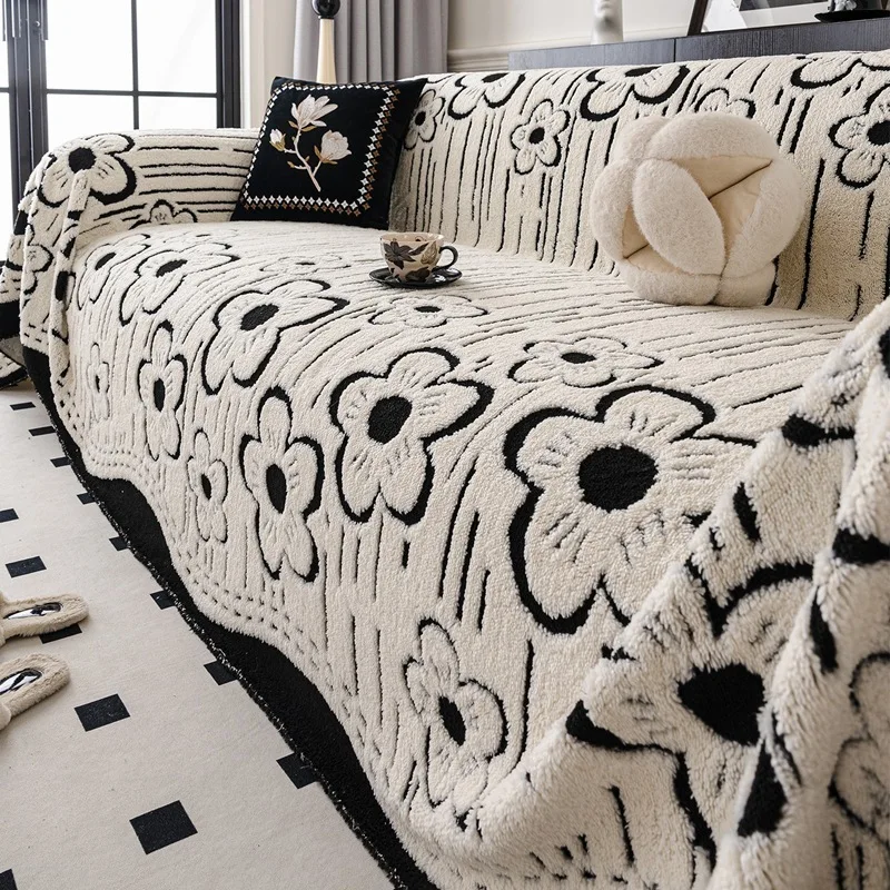 Irregular Lace Trim Sofa Cover One-Piece Full Coverage Dust Proof Plush Jacquard Floral Slipcovers Armchair Recliner Seat Covers