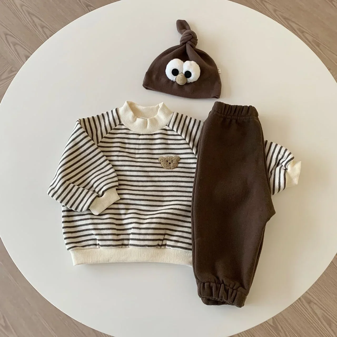 

2023 Winter Fall New in Kids Baby Boys Full Sleeve Striped Cartoon Bear Top Sweatshirts Solid Pants Infant Thick Plush Clothing