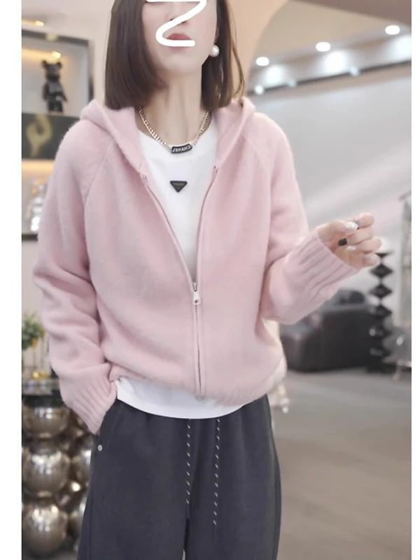 대형 사이즈 지퍼 후드 니트 스웨터 여성 봄 가을 이너웨어 슬림핏 다용도 루즈 아우터웨어 탑