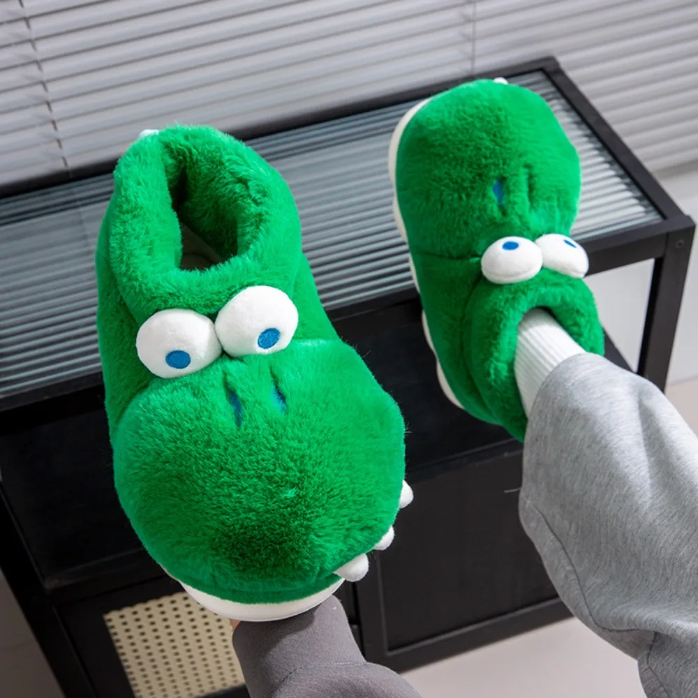 Stylish Crocodile Dinosaur Plush Slippers Green Anti Slip Platform Flat Slippers Cute Winter Thicken Warm Slippers Winter