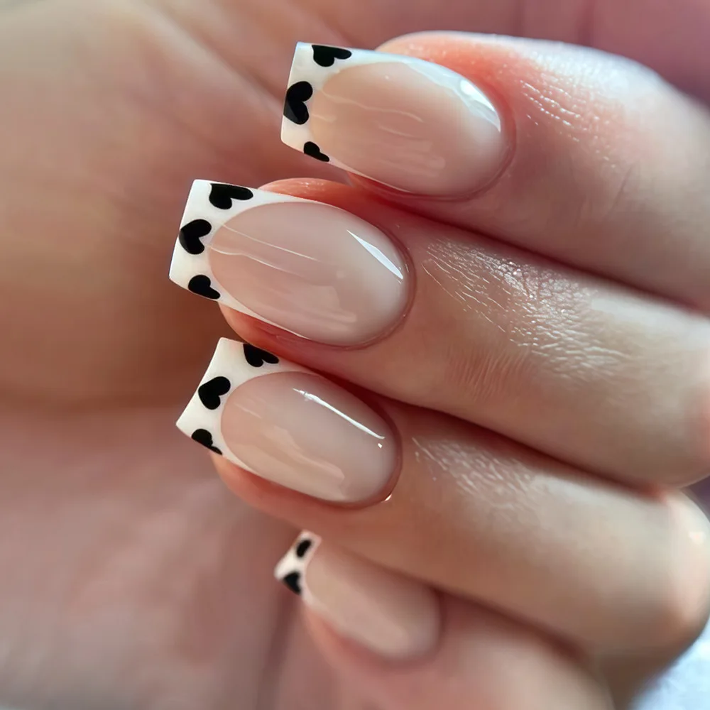 Black French Tips Press on Nails 3D White Bowknot Alloy Stars Designs Fake Nails Ballet Charms False Nails Korean Manicure 24Pcs