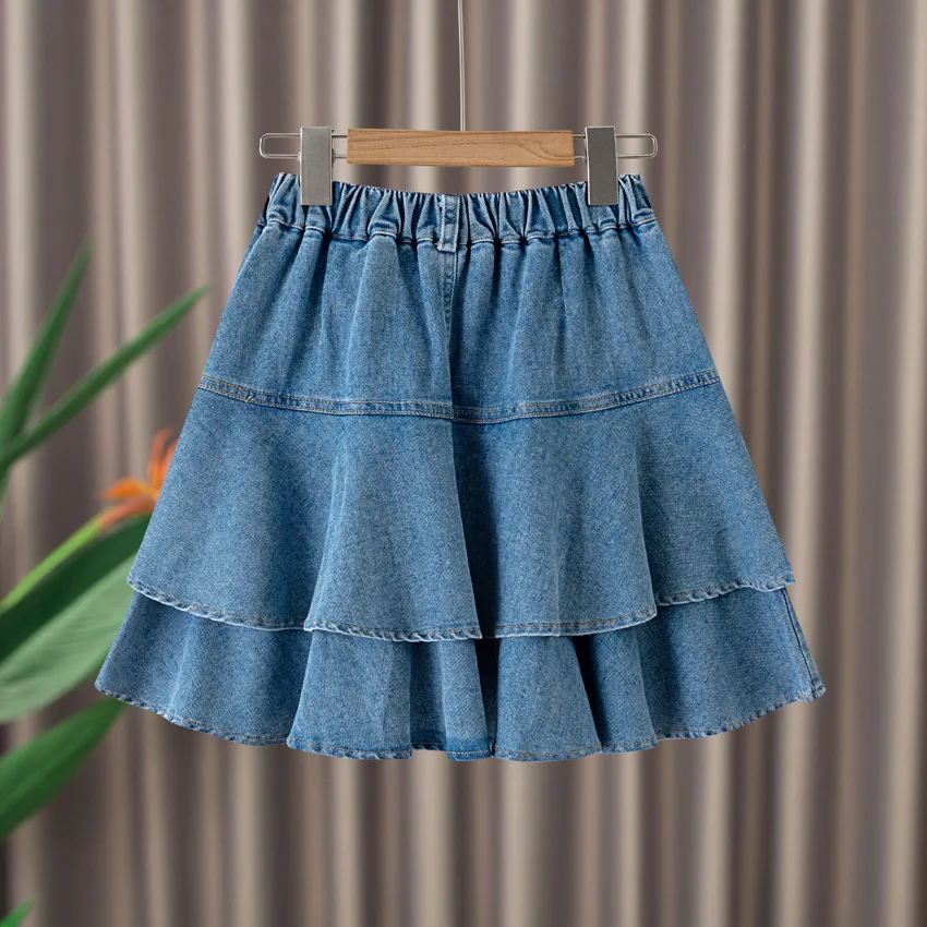 

Summer Girls Denim Skirt Fashion Blue Ruffle Layered Skirt for Kids Casual All-match 4-12 Years Teen School Children Short Skirt