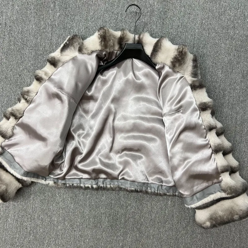 Bequemer, langärmliger Faux-Rex-Kaninchenfellmantel für Damen, 2025, Herbst und Winter, neue kurze Stehkragen-verdickte warme Pelzjacke