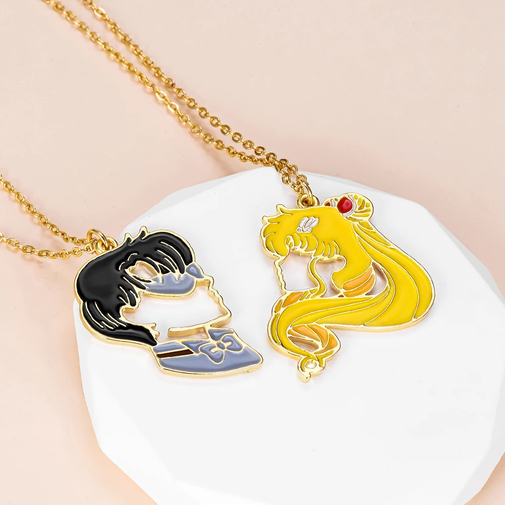 Sailor Moon and Chiba Mamoru Necklace Set Anime Cartoon Enamel Pendant Jewelry for Couples or Girls Gifts