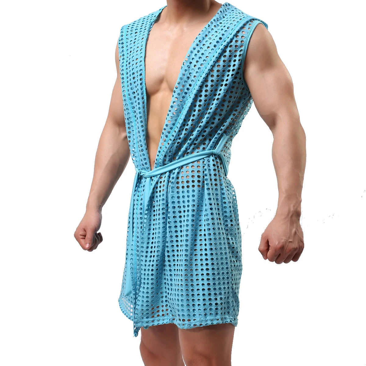 Men\'s Bathrobes Fishnet Mens Kimono Robes Sleepwear Hollow Out Shorts Men Dressing Gown Hooded Sexy Pajamas Home Robe With Belt