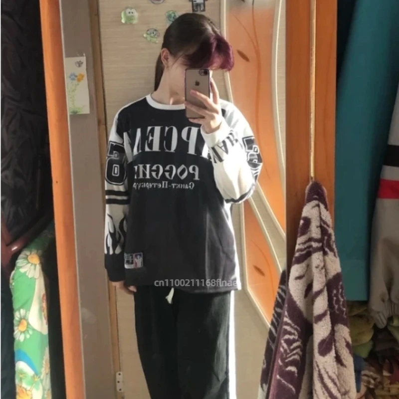 새로운 스트리트 댄스 의류, 아메리칸 레트로 긴팔 저지 티셔츠, 루즈한 스포츠 스트리트 힙합 스타일 라운드 넥 탑