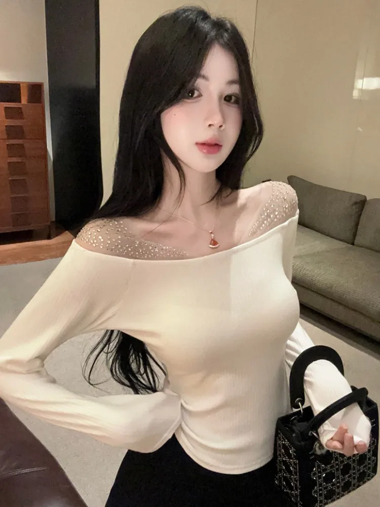 

Heavy Duty Rhinestone Long Sleeve T-Shirt Women's Autumn Winter Slim Fit Inner Wear Base Shirt French Style Skin Friendly Bre...