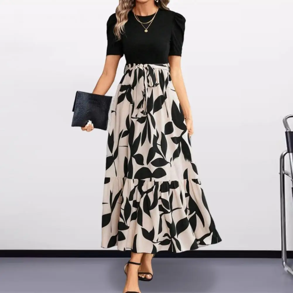 

Loose Fit Summer Dress Elegant Summer Maxi Dress with A-line Silhouette Round Neck Color Matching Print for Women Featuring