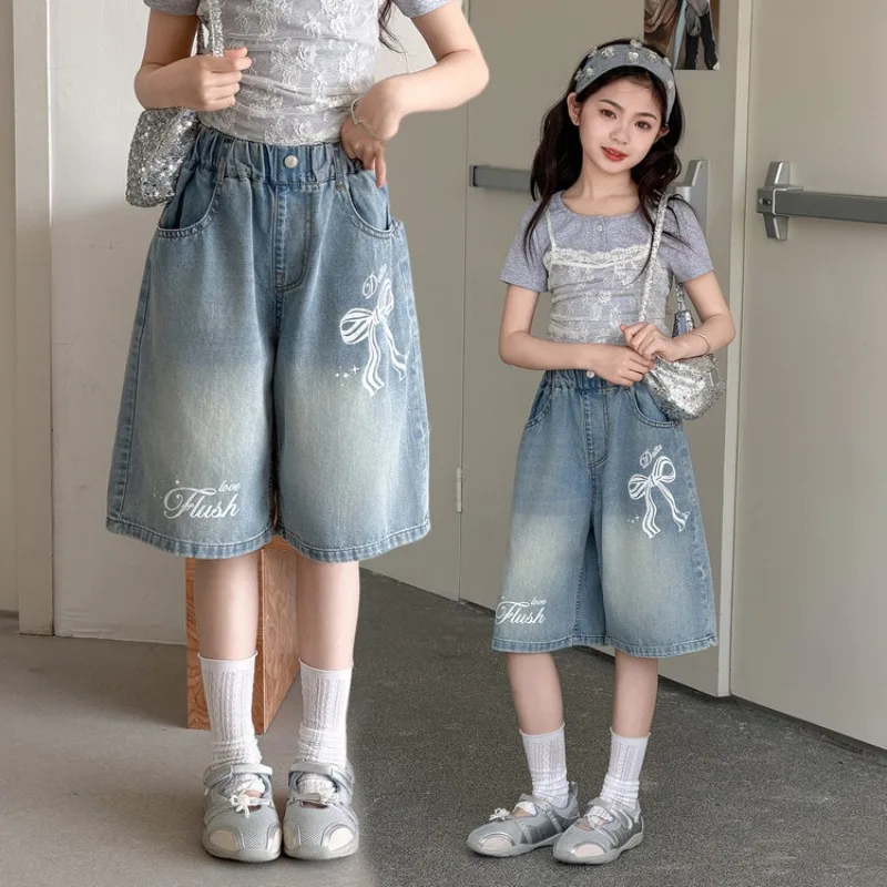 

4-14Yrs Kids Girls Denim Shorts UNITIM Summer Children Girls Jeans Thin Young Teenager Girls Bow Letter Half-length Jeans