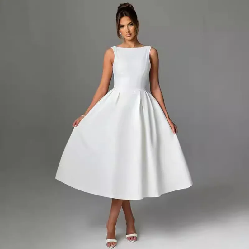 

Elegant Summer Women Spaghetti Strap Maxi Dress Sexy Deep Back Round Neck Feminine Waist Cinching Flared Skirt