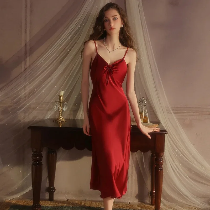 Long Lazy Nightgown Homewear Sexy Solid Color Ice Silk Lingerie Deep V Neck With Chest Pad Skin Friendly Comfortable 5845