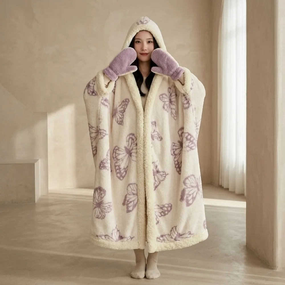 Butterfly Print Wearable Hooded Blanket Sherpa Lined Cape with Gloves Warm Throw for Adult Sofa Office Nap