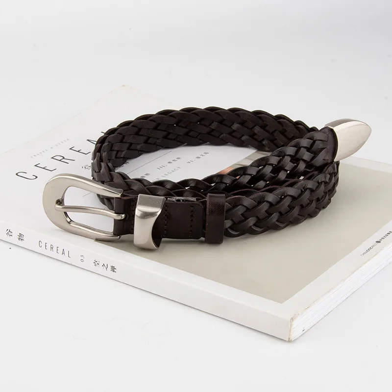Top-grain leather commuting-style woven belt for women, vintage, pairs with jeans