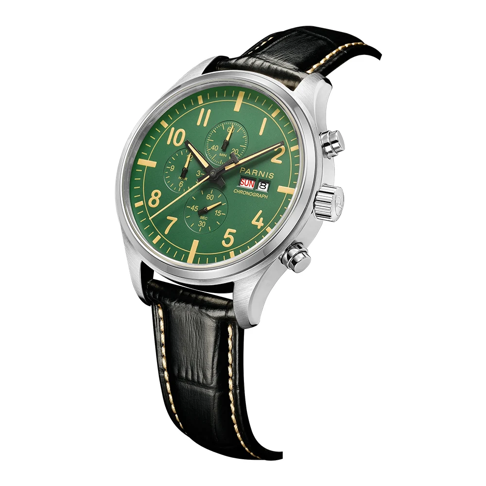 Parnis 43mm Green Dial Quartz Watch Chronograph Calendar 100m Waterproof Leather Strap Men Wristwatch With Box Gift 2024 Clock