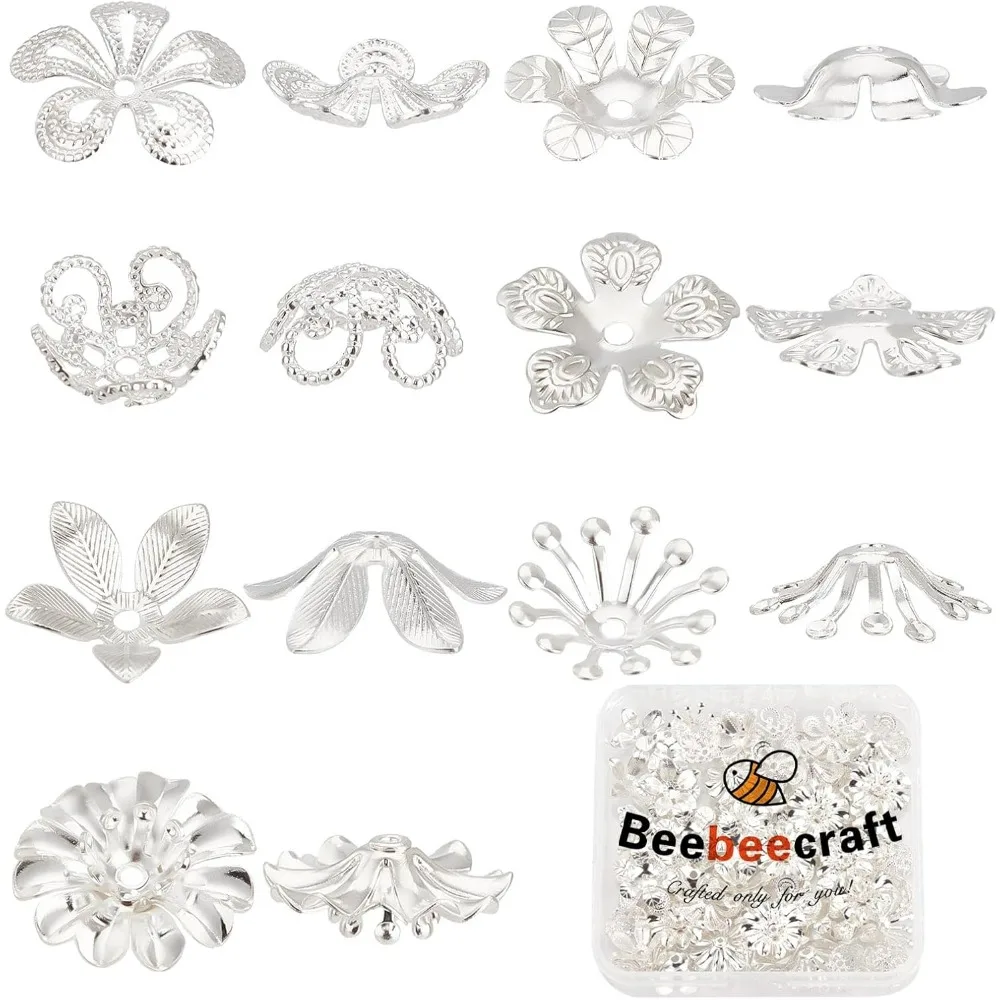 70Pcs/Box 7 Style Bead Caps 925 Sterling Silver Plated Brass Flower End Caps Loose Beads for Bracelet Necklace DIY