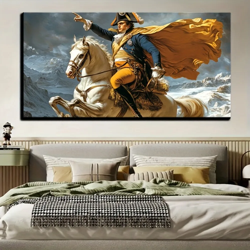 1 piece of wood Frame Niwo Art - Napoleon Crossing the Alps canvas painting, 1.5 inch thick pine solid wood frame