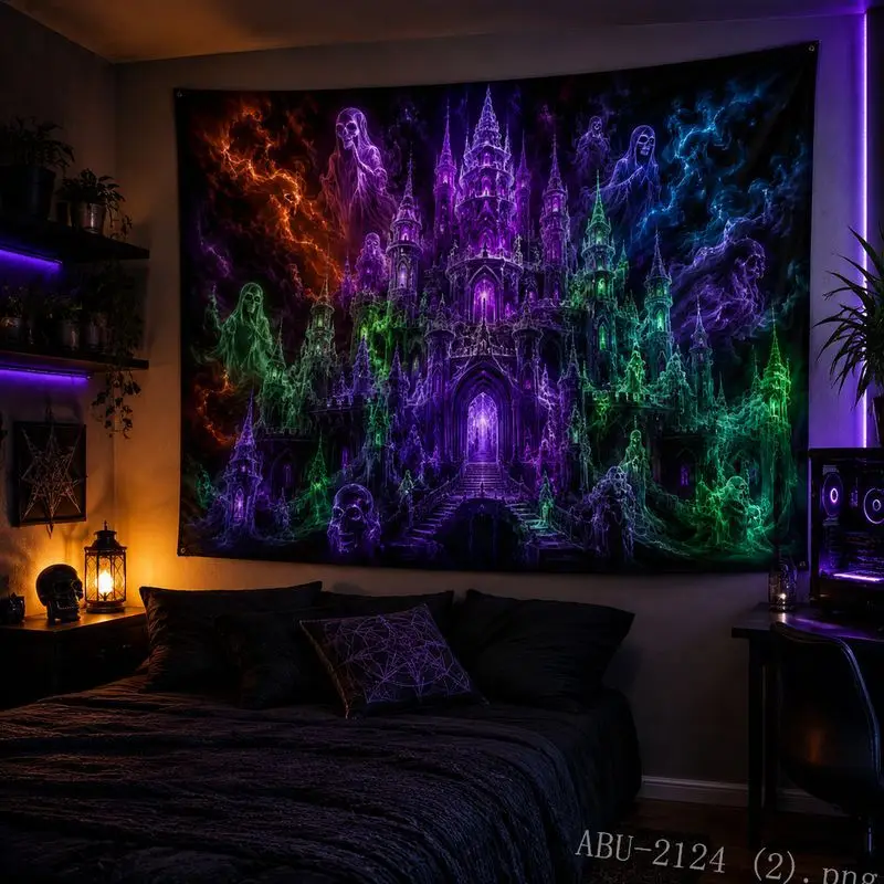 Fluorescent Ghost Pumpkin Tapestry Psychedelic Fantasy Halloween Wall Mounted e-Sports Room Bedroom Dormitory Home Wall Decor