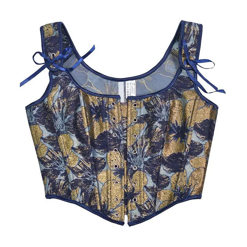 Women Blue Gold Corset Overbust Black Gold Print Vintage Bodices Slimm Waist Lace Up Bustiers Lolita Elegant Top
