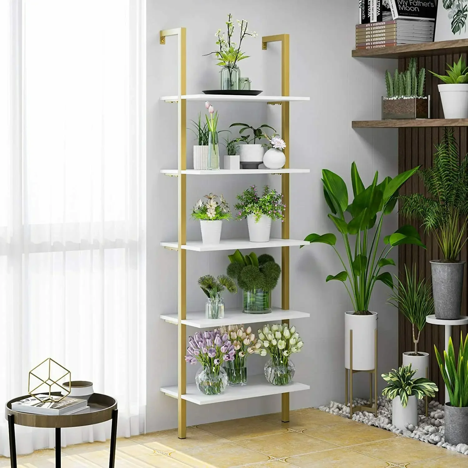 Ladder Shelves Wall Shelf Modern Bookshelf Storage Rack 5 Tier Shelving Unit Bookcase for Home and Office (Golden+White)