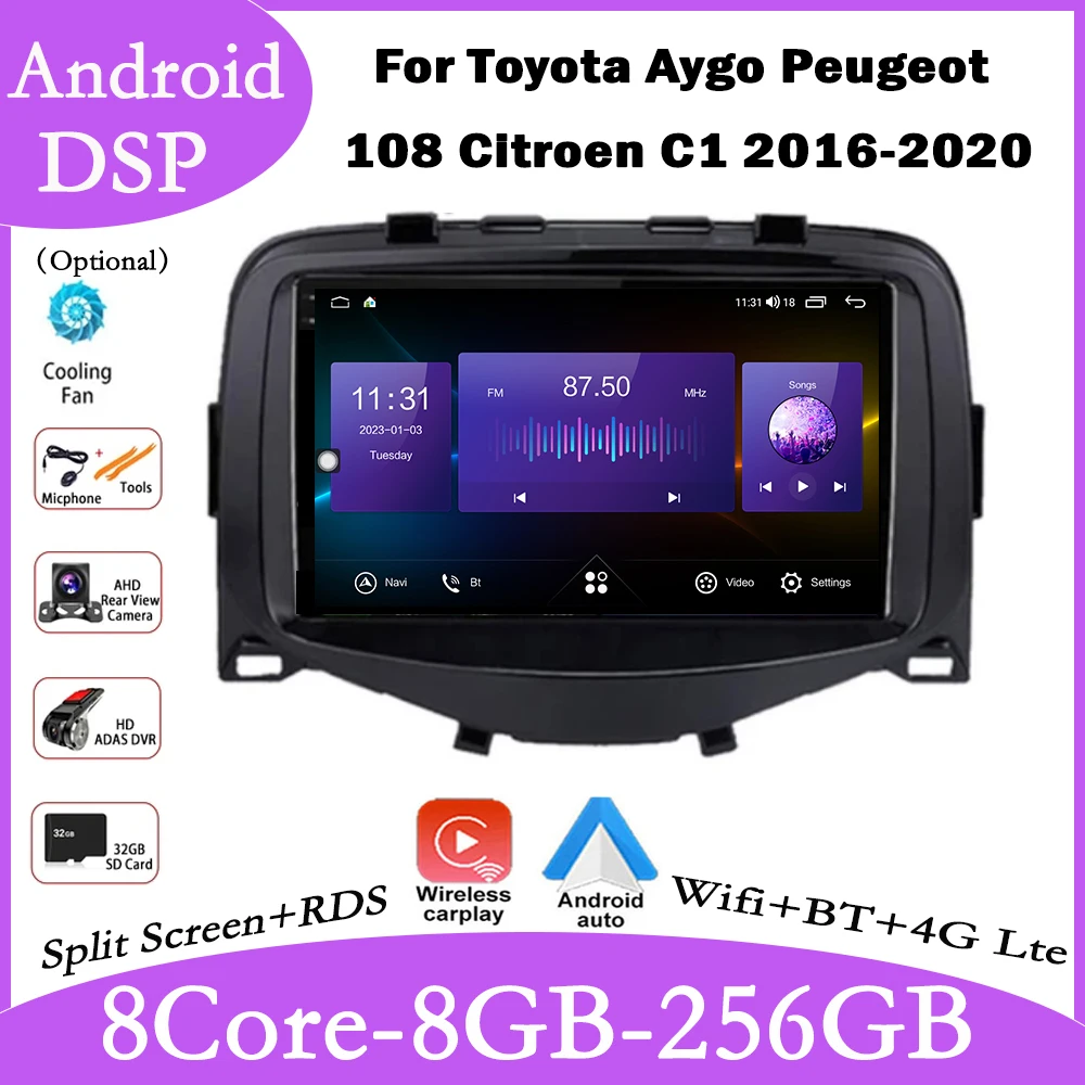 Android 14 For Toyota Aygo Peugeot 108 Citroen C1 2016-2020 Car Radio Multimedia GPS Navigation Carplay Auto Player DSP 