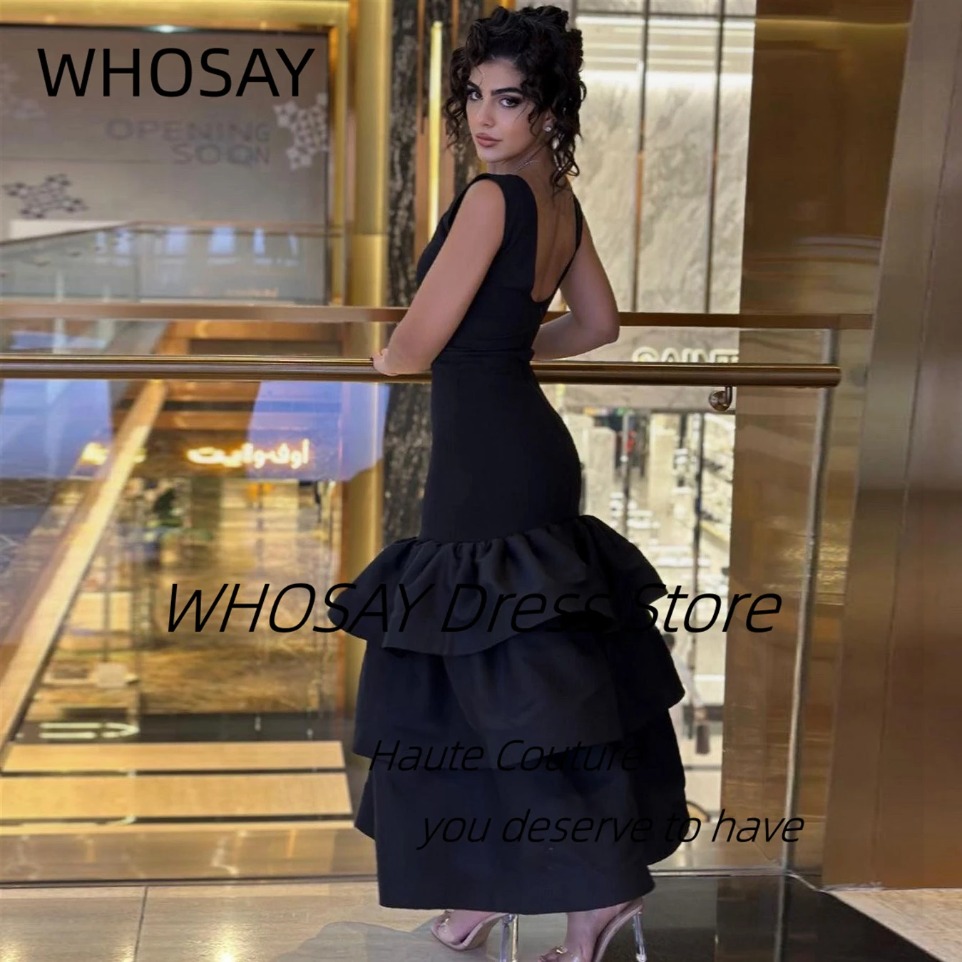 WHOSAY-vestidos De graduación negros para mujer, vestido De noche Sexy con espalda al tobillo, fiesta De cumpleaños escalonada, vestidos De cóctel