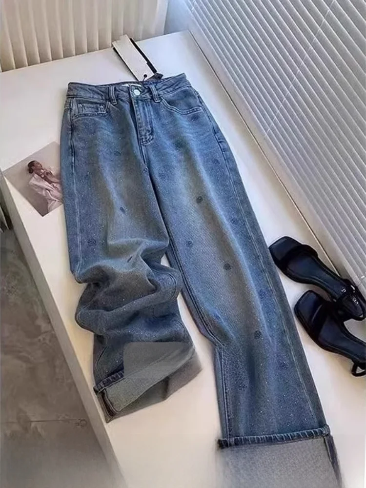 

Loose Feel Lazy Sle Blue Embroidered Rhinestone Straight Leg Jeans Women High Waist Long Pants Stand Fit Casual Jeans
