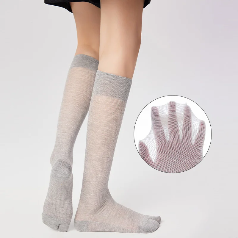New Green Long Tabi Socks Japanese Style Women Two Toe Sock Summer Thin Mesh Breathable Combed Cotton Calf Socks for Flip Flops