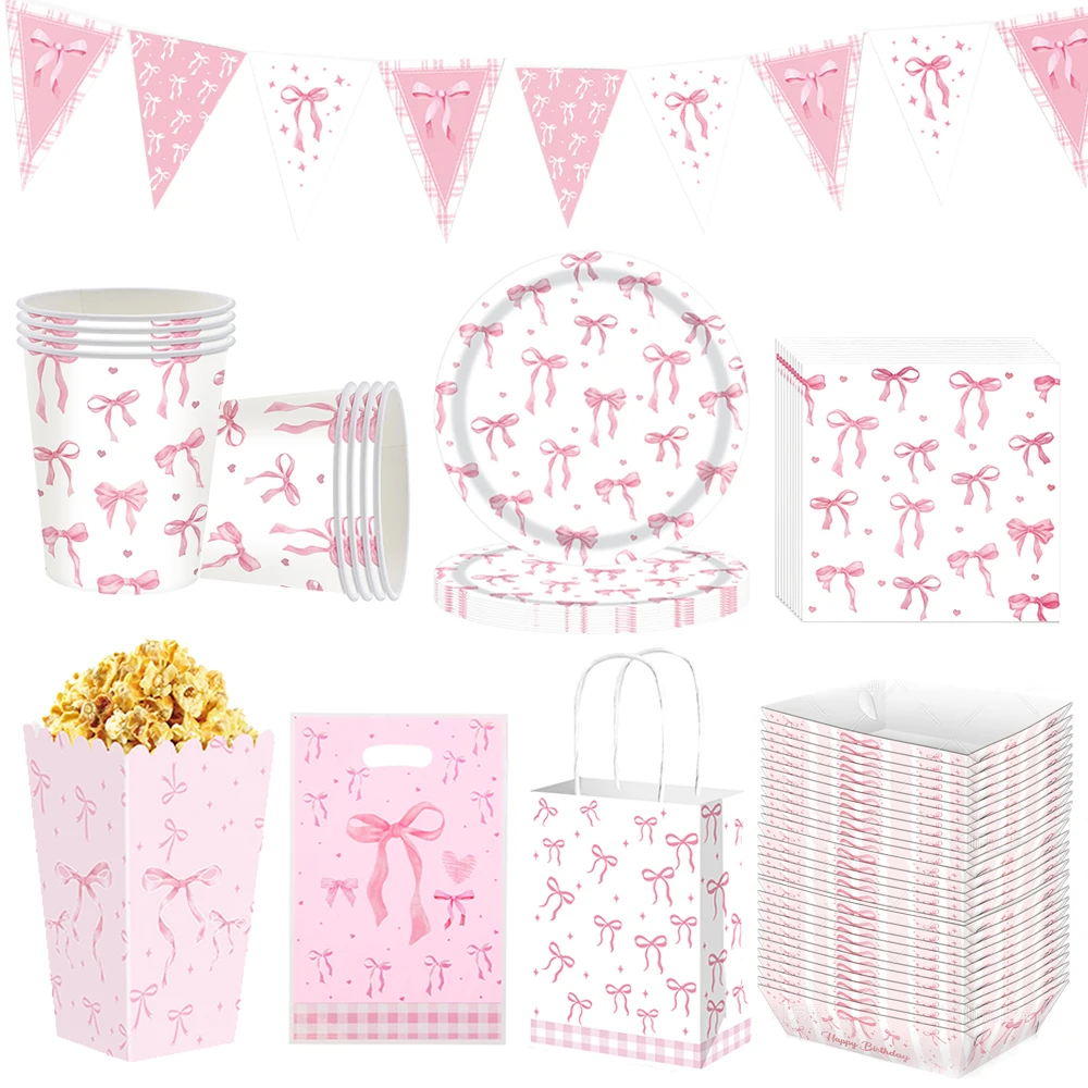 Fournitures de fête à nœud rose, tasses, assiettes, serviettes, sac cadeau, boîte à pop-corn, plateau alimentaire, nappe, nœud rose, décorations de fête à thème d'anniversaire