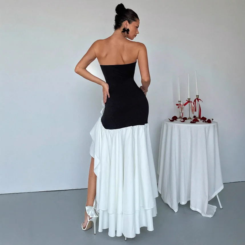 

Ele Sexy Bla Strapl Asymmetrical Ruffle Dr Faionable Women's Dr Polyester Fabric No Sve mid Waist Zipper ...