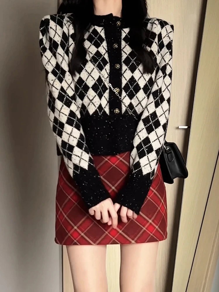 

Retro round Ne Open Cardigan Sweater ort Women's Knitted Outerwear Red Color Blo Princ Sle Sweet Wind Bubble Sve