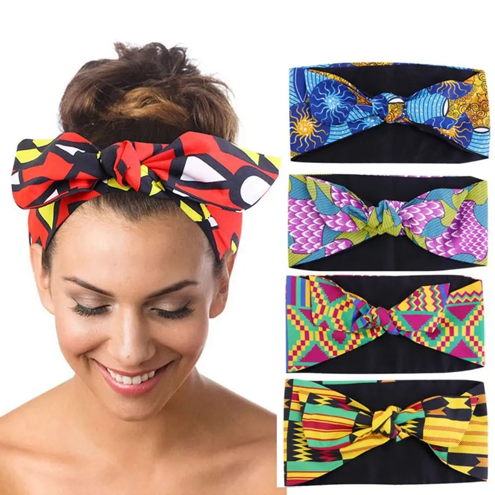 Vintage Wide African Print Headband Elastic Knotted Boho Hair Wrap Daily Wears Turban for Women