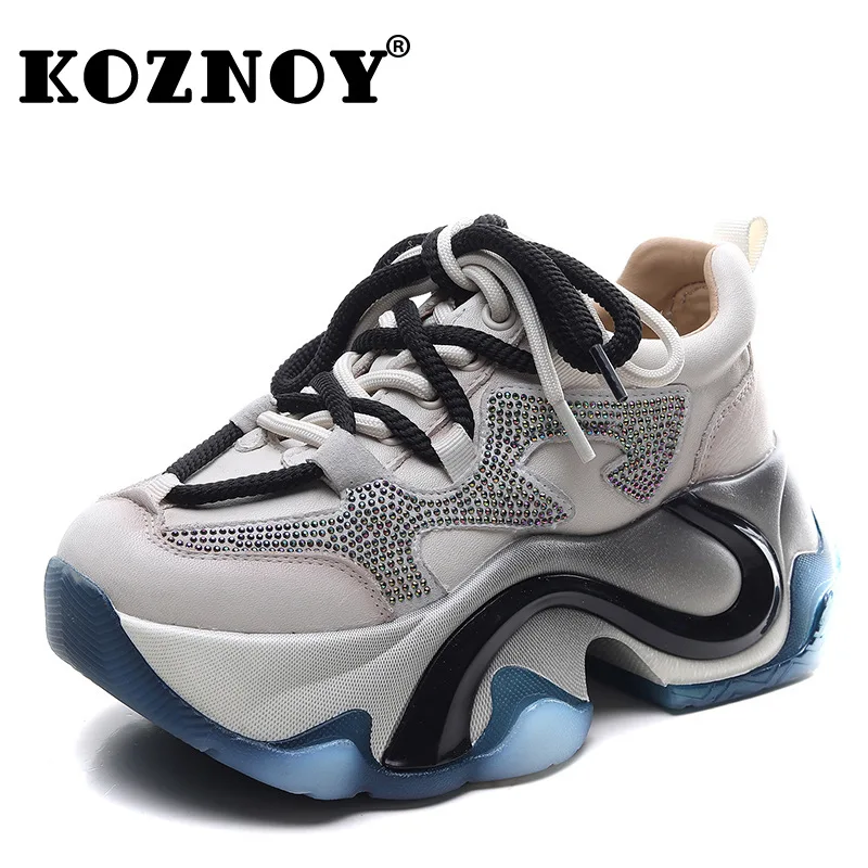 

Koznoy 6.5Cm Women Spring Boots Vulcanize Fashion Chunky Sneakers Rhinestones Genuine Leather Autumn Platform Wedge Bling Shoes